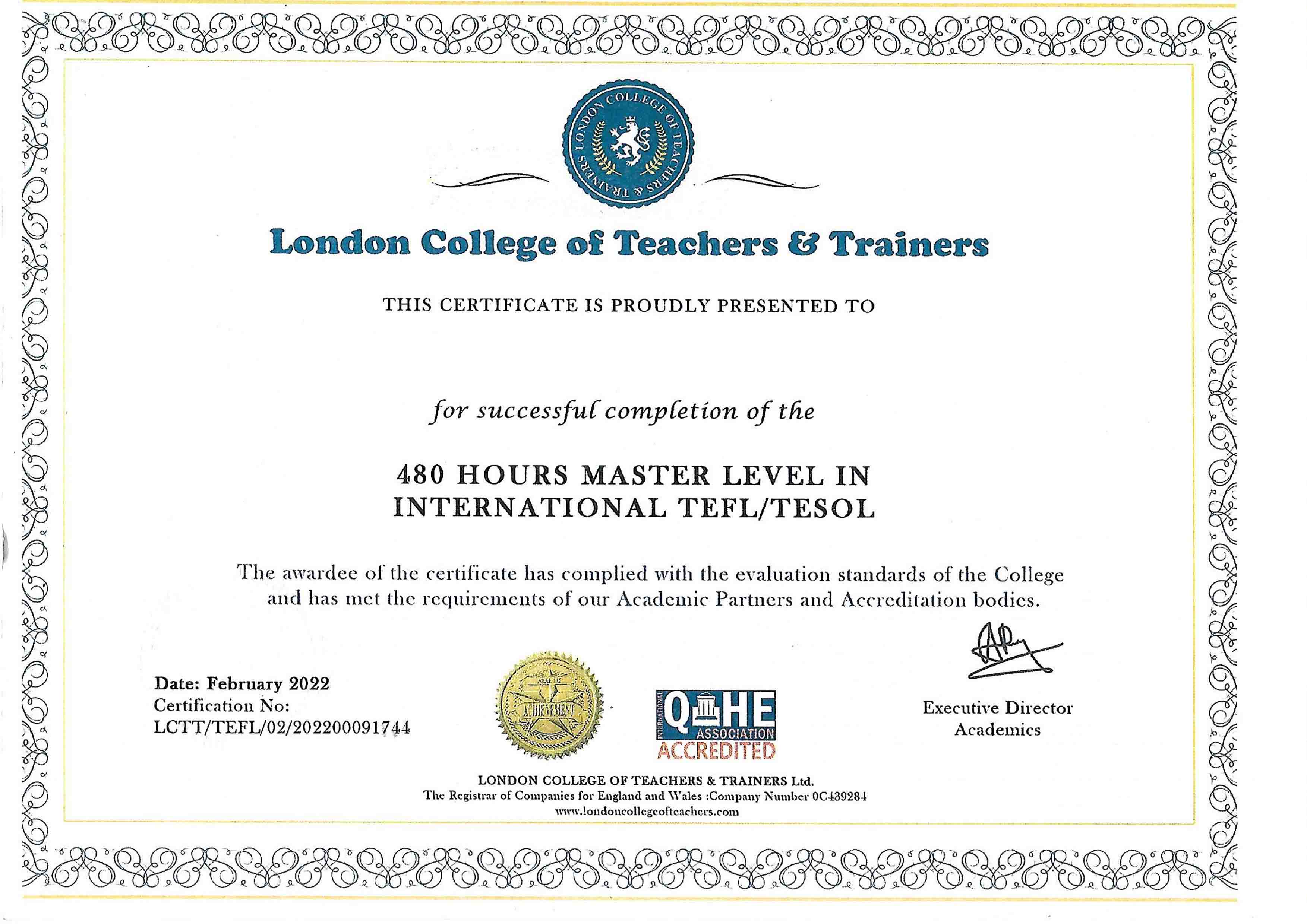 London College of Teachers - Diploma Certificate
